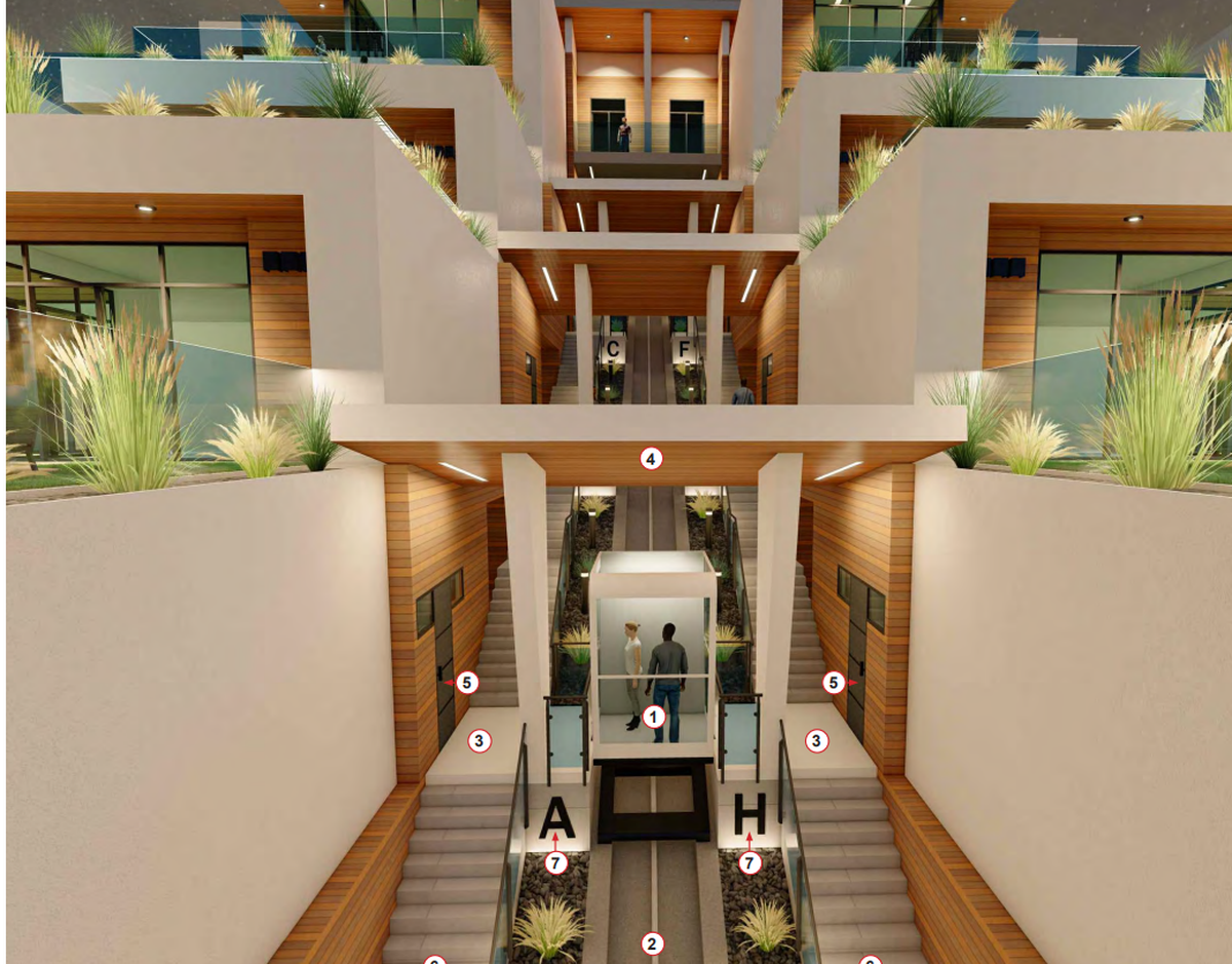 A view of the tram leading to the higher levels of the Sky Hous development.