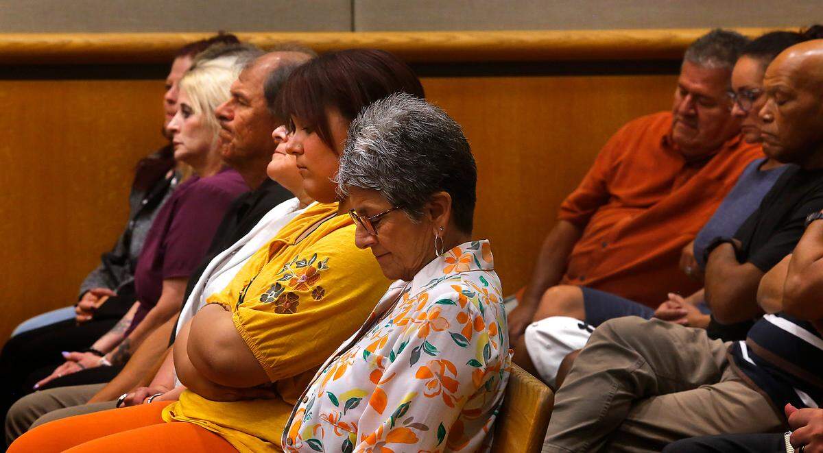 Family and friends of victim Manuel Guajardo Jr. listen to the sentencing proceedings in Benton County Superior Court for Jesus Alvalos-Chavez. A jury found the Walla Walla man guilty in the 2021 vehicular homicide death of Manuel Guajardo Jr. of Kennewick.