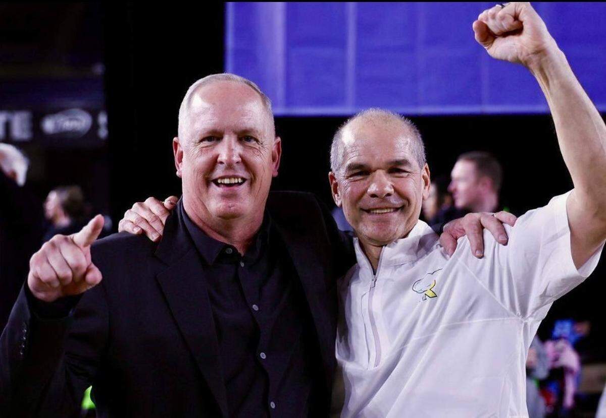 Earl Streufert, left, and his long-time assistant coach Bruce Robertson will both be inducted into the Washington Interscholastic Basketball Coaches Association’s Hall of Fame this summer.