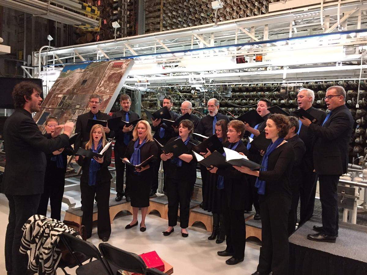 Members of Mid-Columbia Mastersingers practice at B Reactor, where the group will premier “Nuclear Dreams: An Oral History of the Hanford Site” in September.