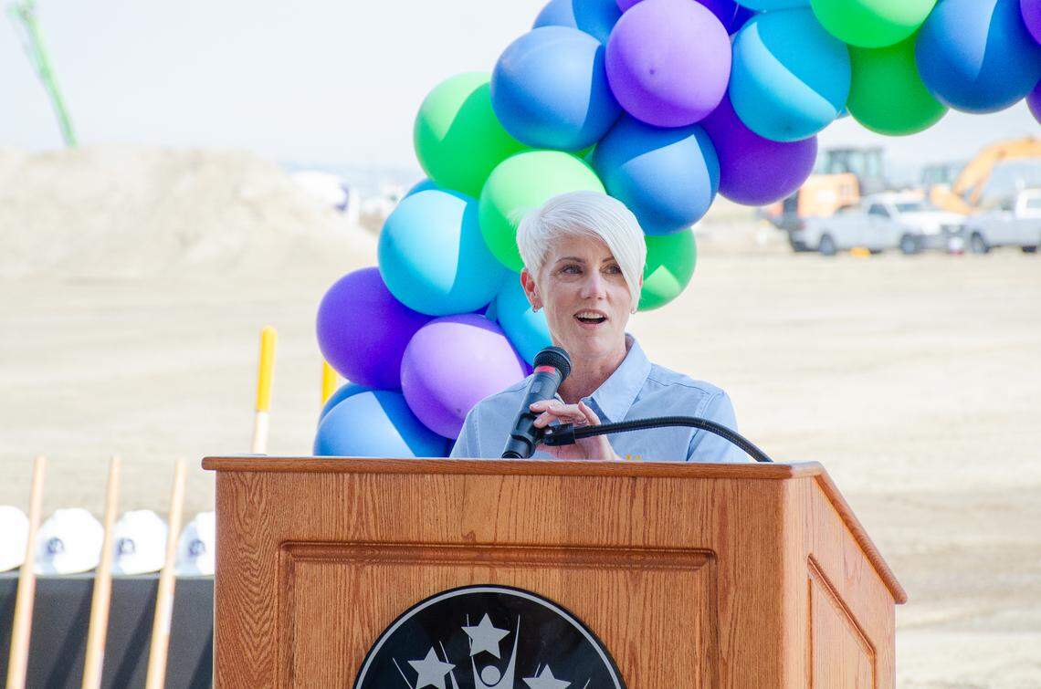 Pasco School District Superintendent Michelle Whitney speaks Thursday, Aug. 17, at a ground breaking ceremony for the district’s third comprehensive high school, which began construction earlier this month and will be located at 6901 Burns Road. 