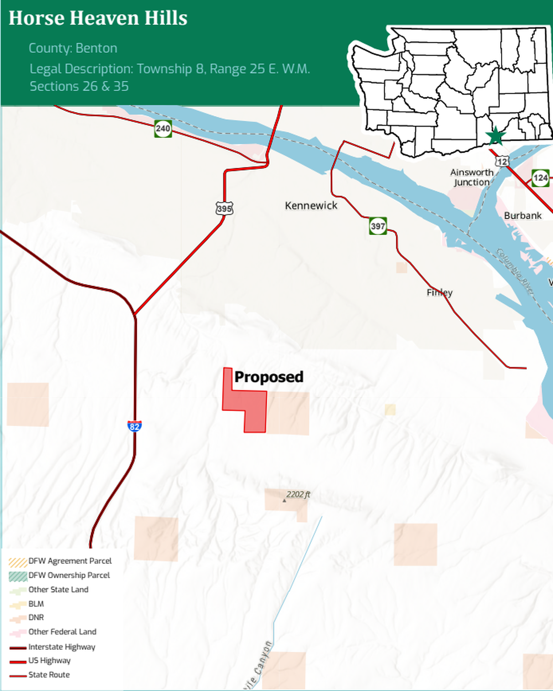 The Washington state Fish and Wildlife is buying land south of Kennewick shown in dark orange south of Kennewick to be used for wildlife and public recreation. It is adjacent to Department of Natural Resources land.