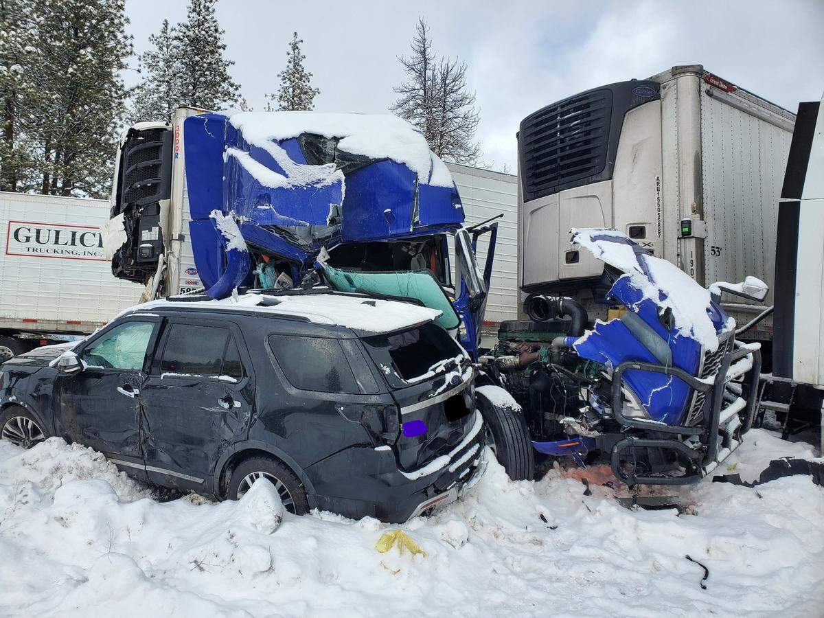 Nearly 100 cars and trucks are estimated to have crashed on Interstate 84 in Oregon about 20 miles east of Pendleton on Monday.