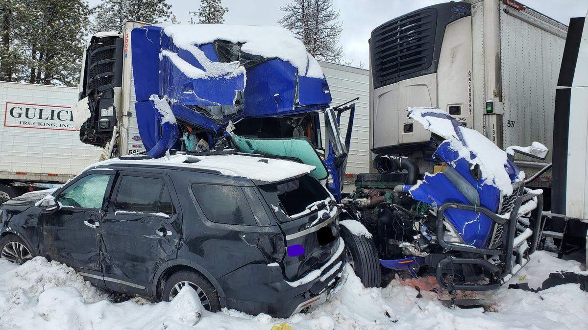 Nearly 100 cars and trucks are estimated to have crashed on Interstate 84 in Oregon about 20 miles east of Pendleton on Monday afternoon. The highway reopened Tuesday morning.