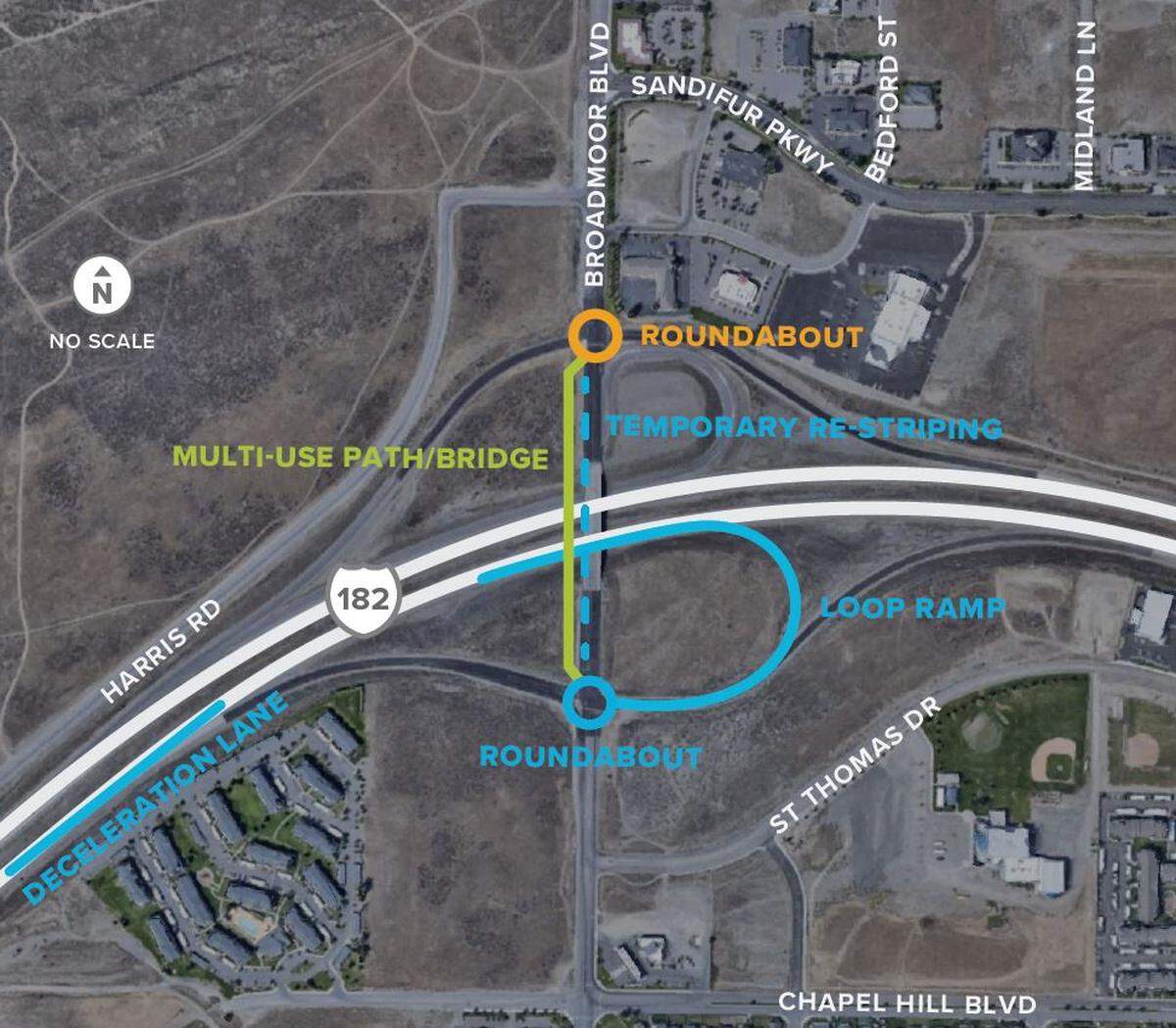 A map of the changes slated for the Broadmoor Boulevard and Interstate 182 interchange in Pasco.