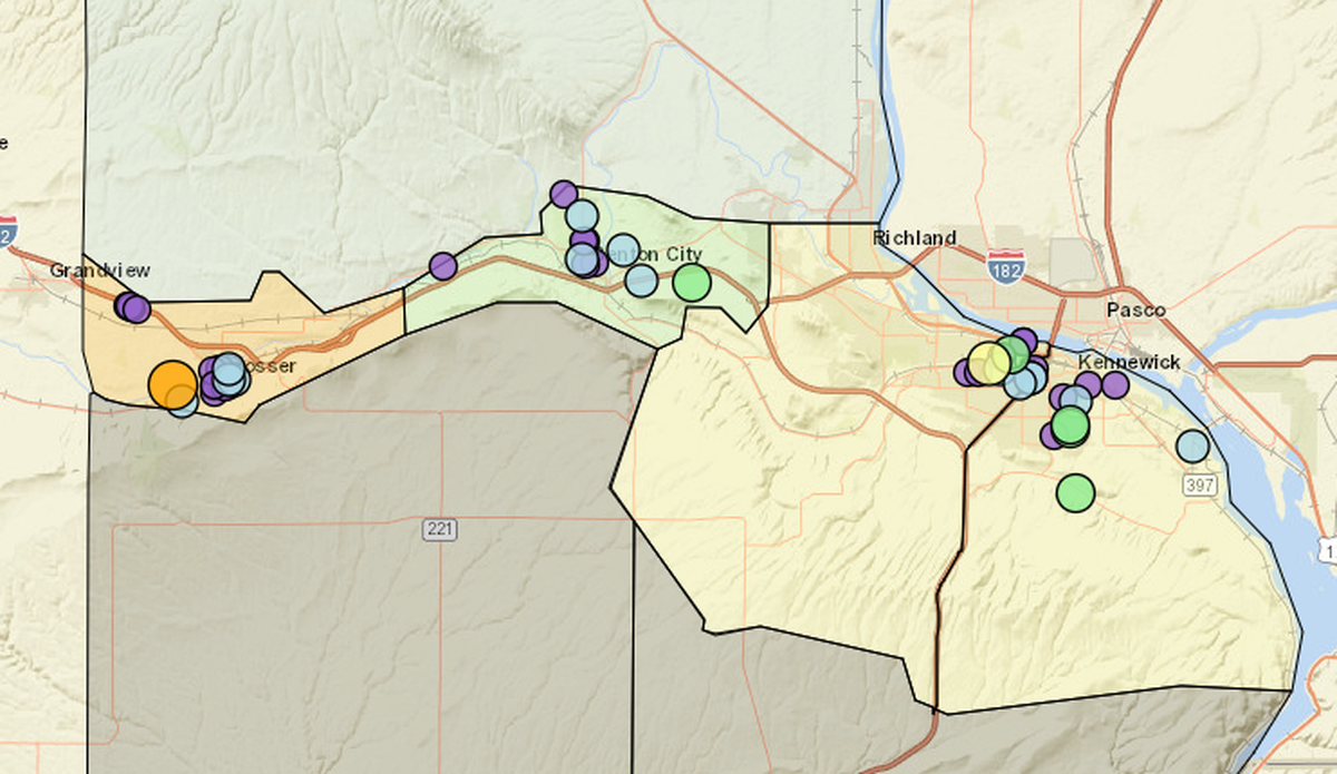 This Benton PUD map shows power outages as of 8 a.m. Saturday after an overnight windstorm in the Tri-Cities.
