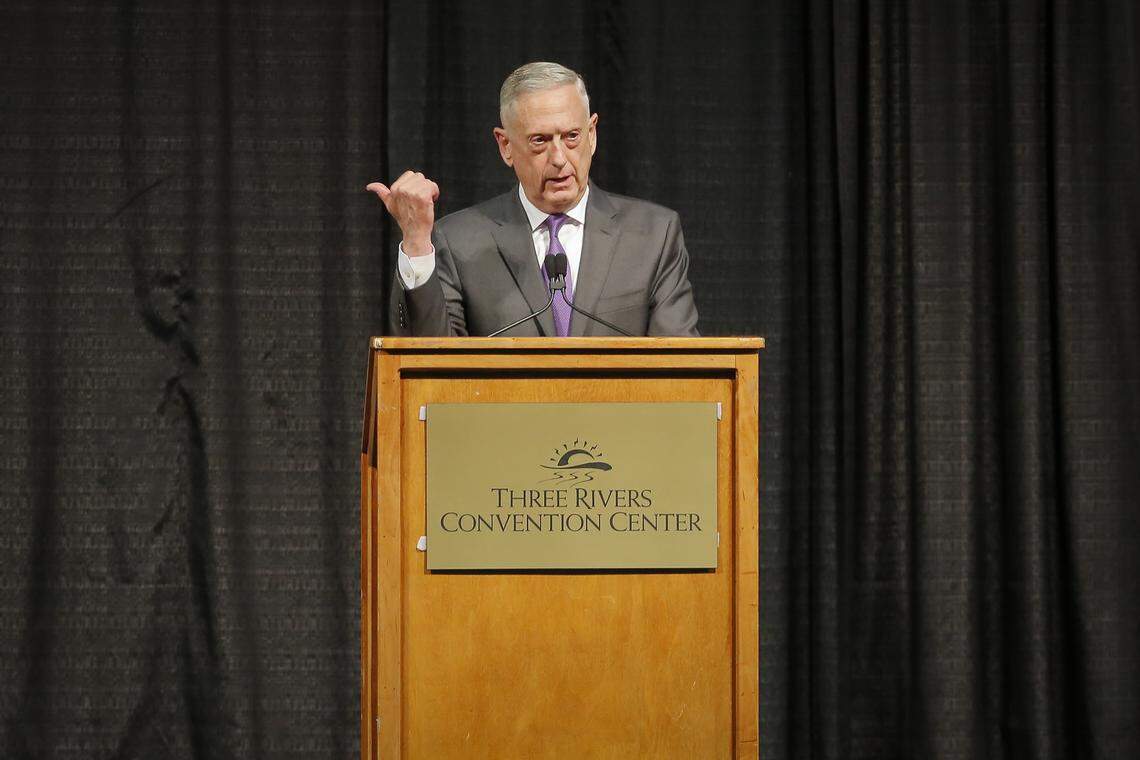 U.S. Secretary of Defense James Mattis, a Richland native, speaks at the 2018 Tri-Citian of the Year at Three Rivers Convention Center in Kennewick on Thursday.