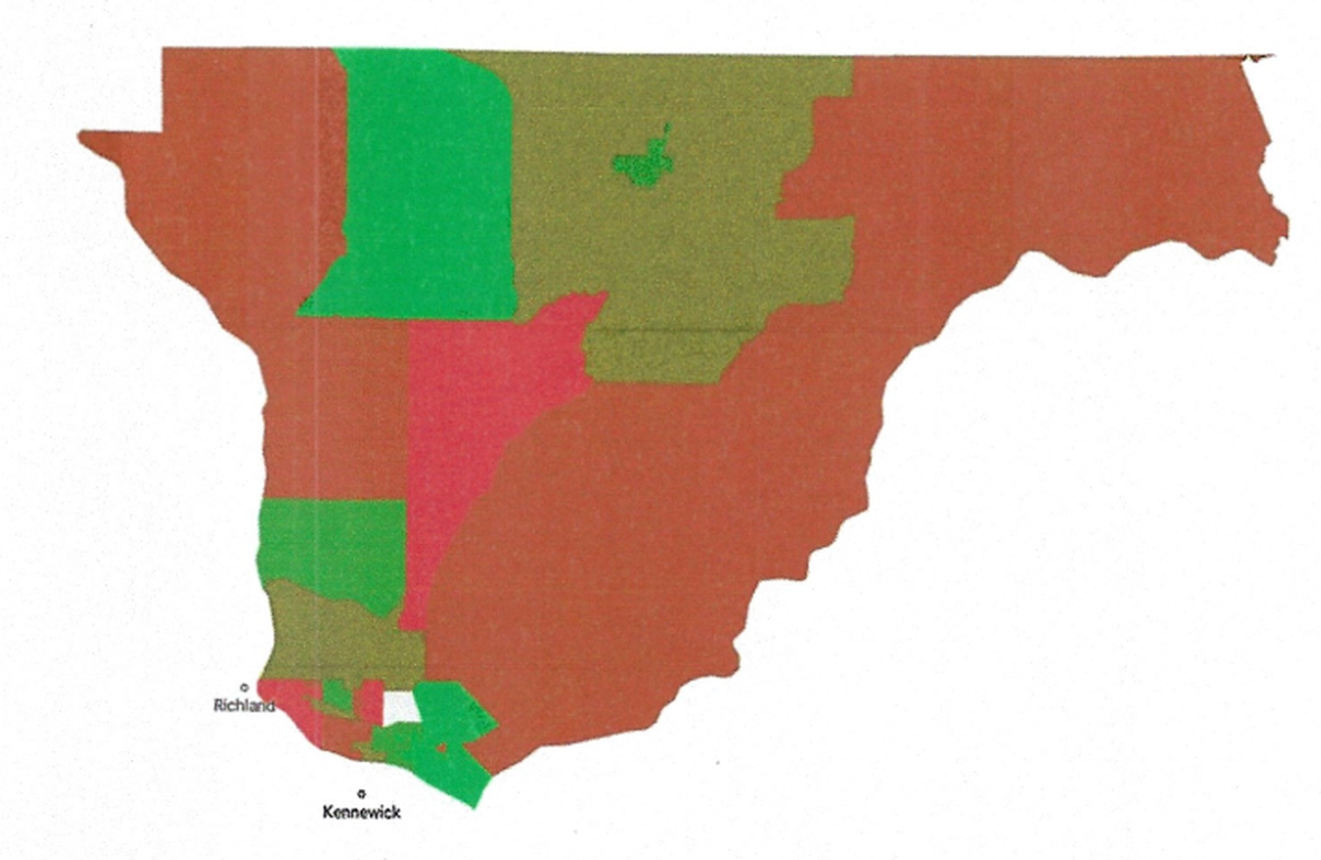 Green on this heat map shows where more Hispanic people live in Franklin County and red shows where fewer live, according to U.S. Census data.