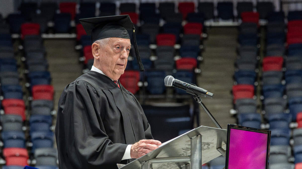 Retired General Jim Mattis, shown here giving the commencement at WSU in 2023, emphasized the importance of the U.S. Foreign Service.