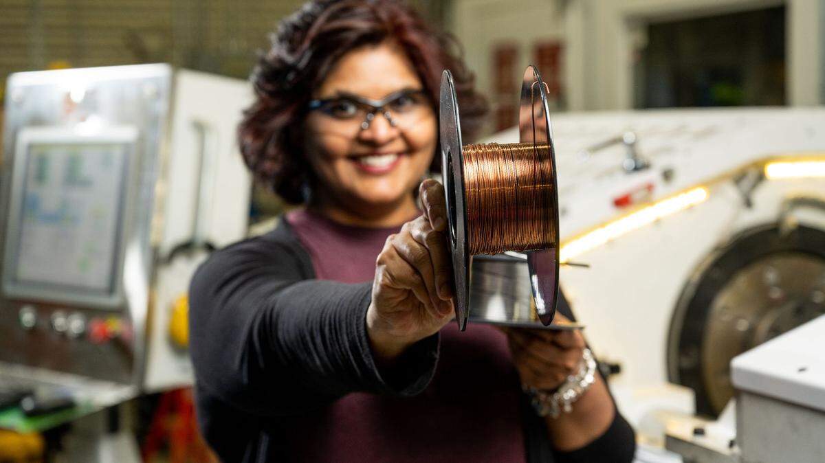 Keerti Kappagantula, a materials scientist at PNNL, is part of a team working to fabricate copper and aluminum wires that are more conductive than regular copper for use in the transportation industry. 