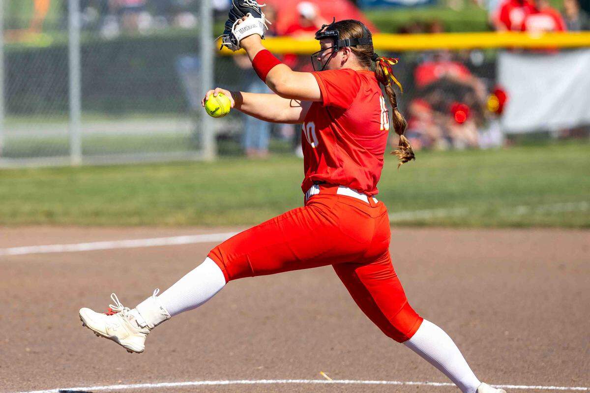 Kamiakin senior pitcher No. 10 Elizabeth O’Leary delivers during the opening inning against the Skyview Storm in the opening round of the 4A State Fastpitch Softball Championships on Friday in Richland. Kamiakin defeated Skyview to advance to quarterfinal play against Issaquah.