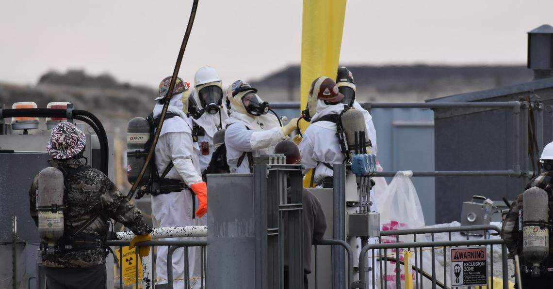 Hanford workers install a new high-pressure water jet to break up radioactive tank waste at the Eastern Washington nuclear reservation.