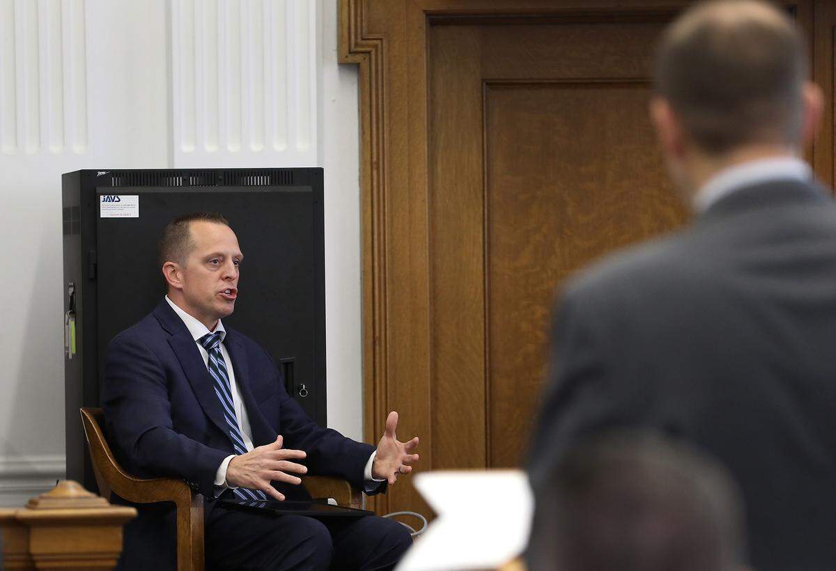 Benton County Sheriff's Office Lt. Jason Erickson answers questions by his attorney Eron Cannon during testimony Thursday in Walla Walla Superior Court. 