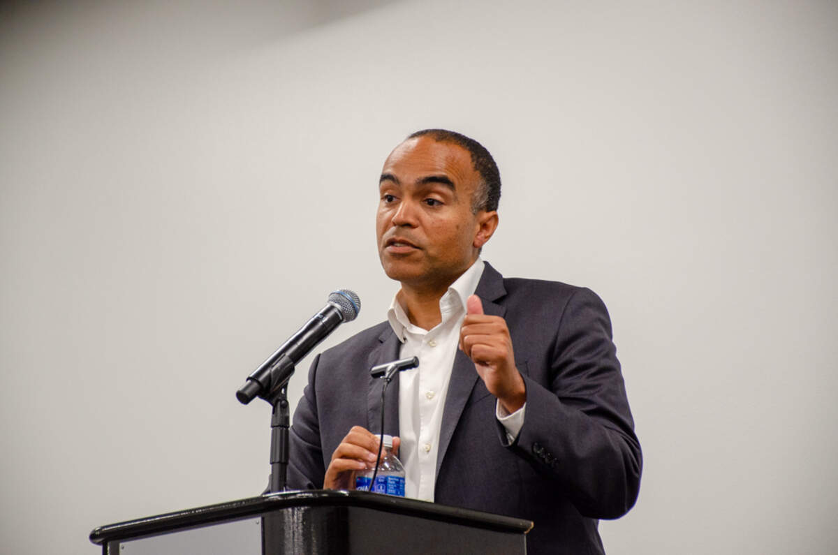 Washington Attorney General Nick Brown speaks to about 120 at the HAPO Center at a town hall hosted by the Washington State Democratic Party.