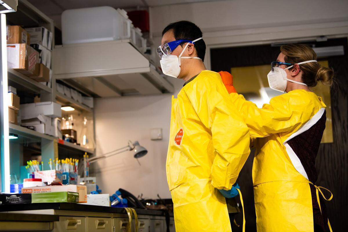 Scientists Kai-For Mo and Ashley Bradley help each other into personal protective equipment before working in the fentanyl laboratory at Pacific Northwest National Laboratory.