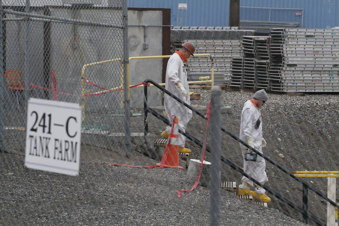 The 16 tanks in the Hanford C Tank Farm have been emptied of all but a combined 64,000 gallons of radioactive waste. Most of the tanks have a capacity of 530,000 gallons.