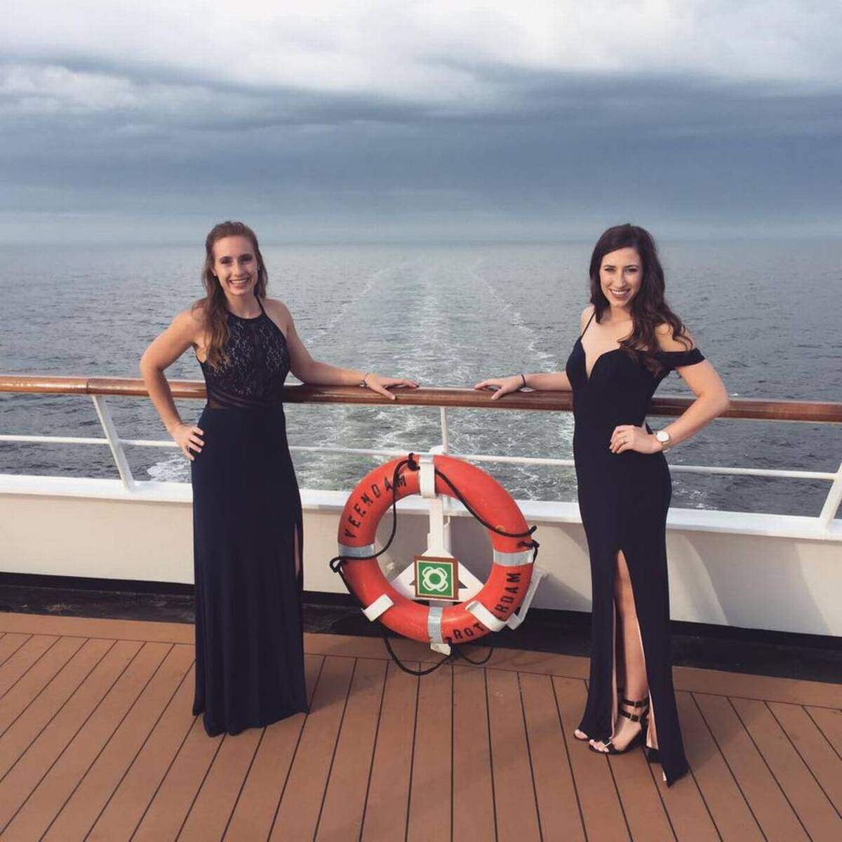 Sisters Amanda Bogen, left, and Leah Mercer aboard the cruise ship MS Veendam.