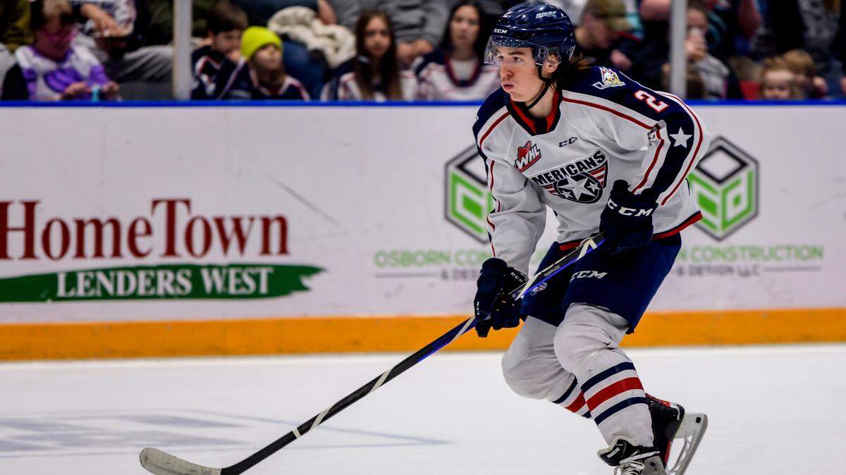 Tri-City American Lukas Dragicevic moves the puck up the ice during the 2022-23 season.