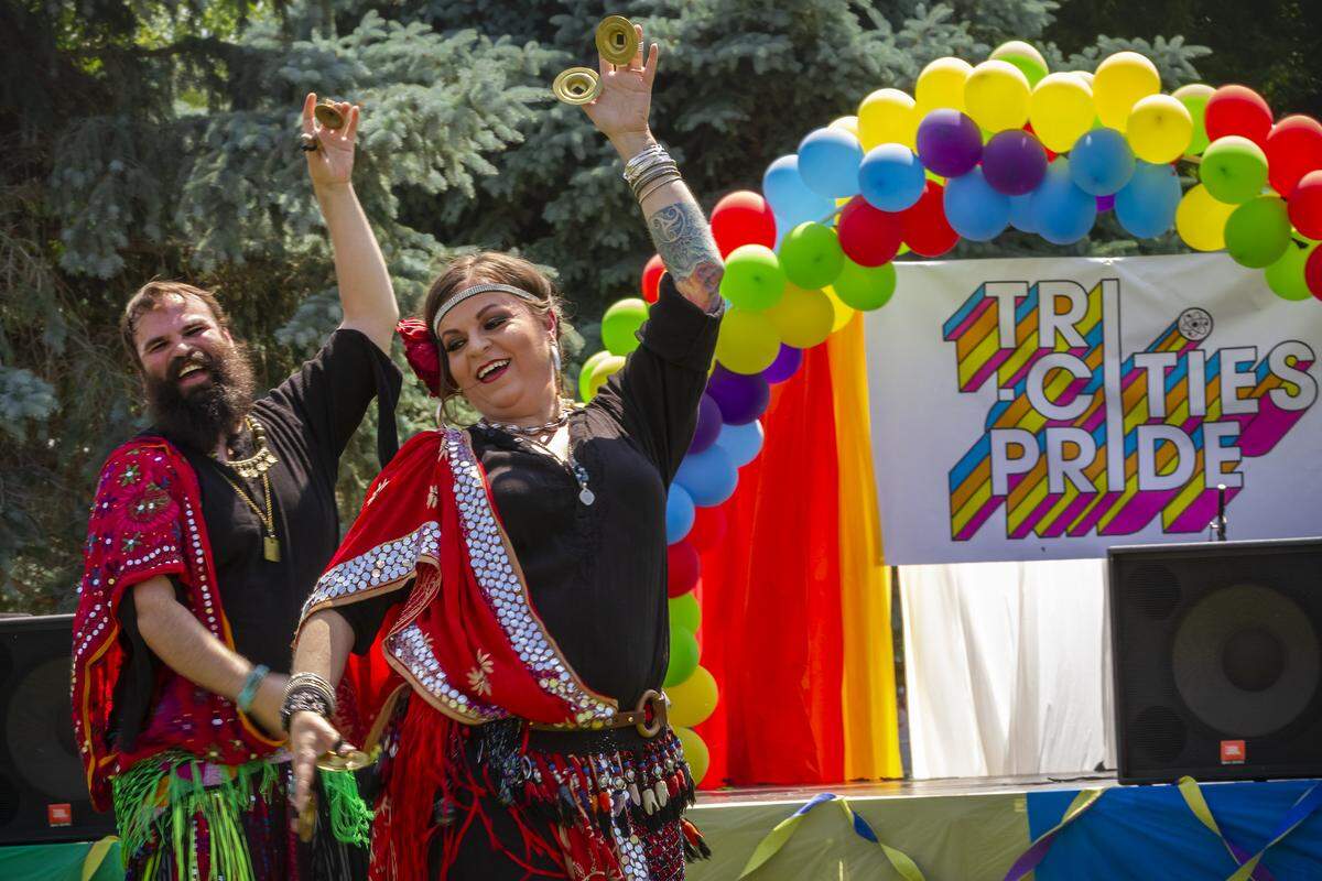Blue Amber Belly Dance’s Brishaen, left, and Lulu Martin perform during the Tri-Cities Pride Festival at Volunteer Park in Pasco in 2019.