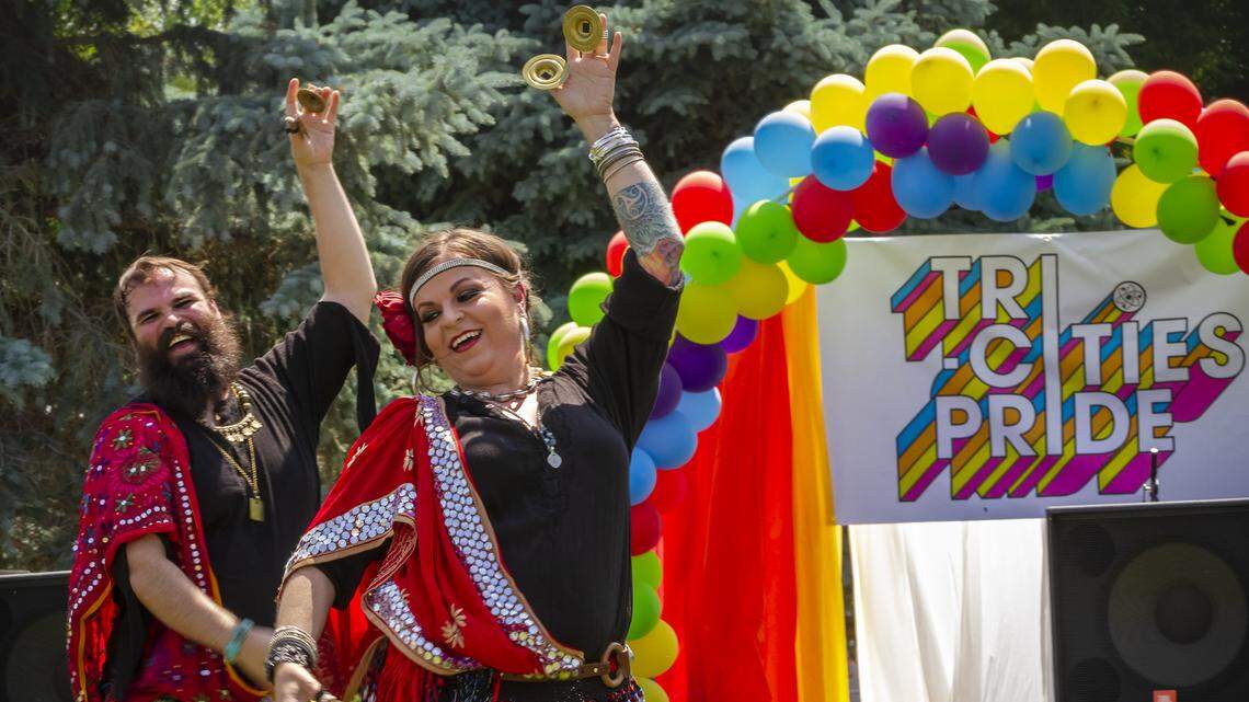 Blue Amber Belly Dance’s Brishaen, left, and Lulu Martin perform during the Tri-Cities Pride Festival at Volunteer Park in Pasco in 2019.