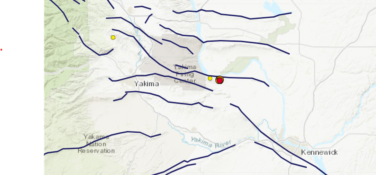 Many small earthquakes since Sept. 21 are shown in relation to a fault line associated with the Umtanum Ridge northwest of the Tri-Cities in Eastern Washington.