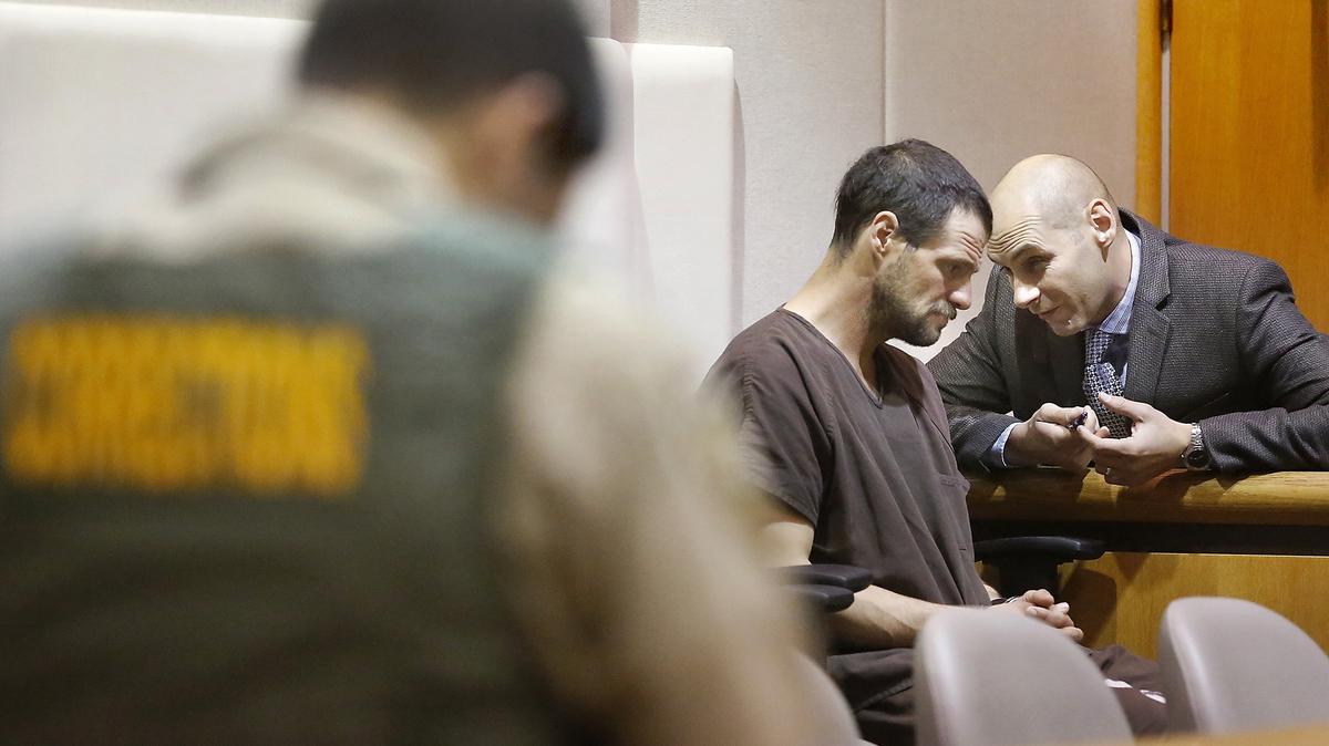 Suspect Richard Delp confers with his a defense attorney Caleb DiPeso before a scheduled arraignment Friday on charges of animal cruelty and methamphetamine possession. The homeless man claims he was high on meth when he allegedly sexually assaulted a beaver in Columbia Park.