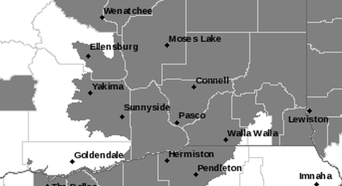 Areas in gray are under an air stagnation advisory from 7 a.m. Sunday to 1 p.m. Wednesday.