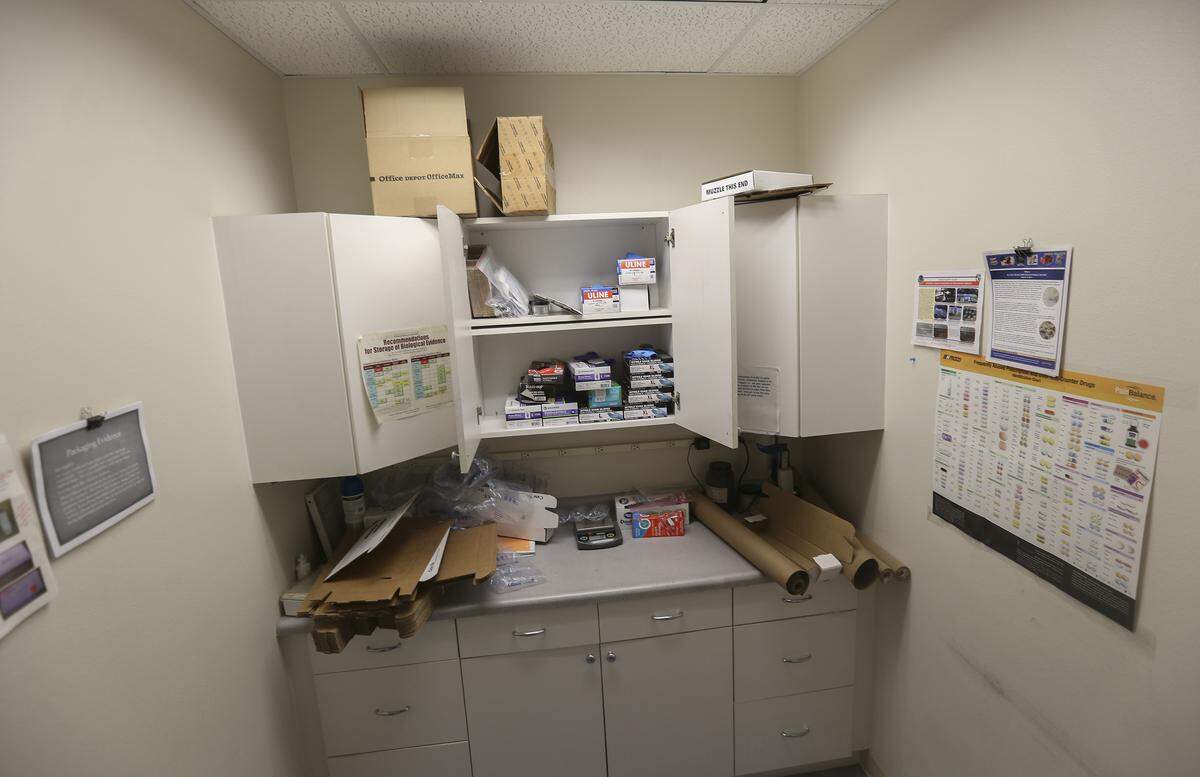 This room is where Wests Richland police officers process their evidence. There isn’t a table or a desk; they make due with a small counter space to work on.