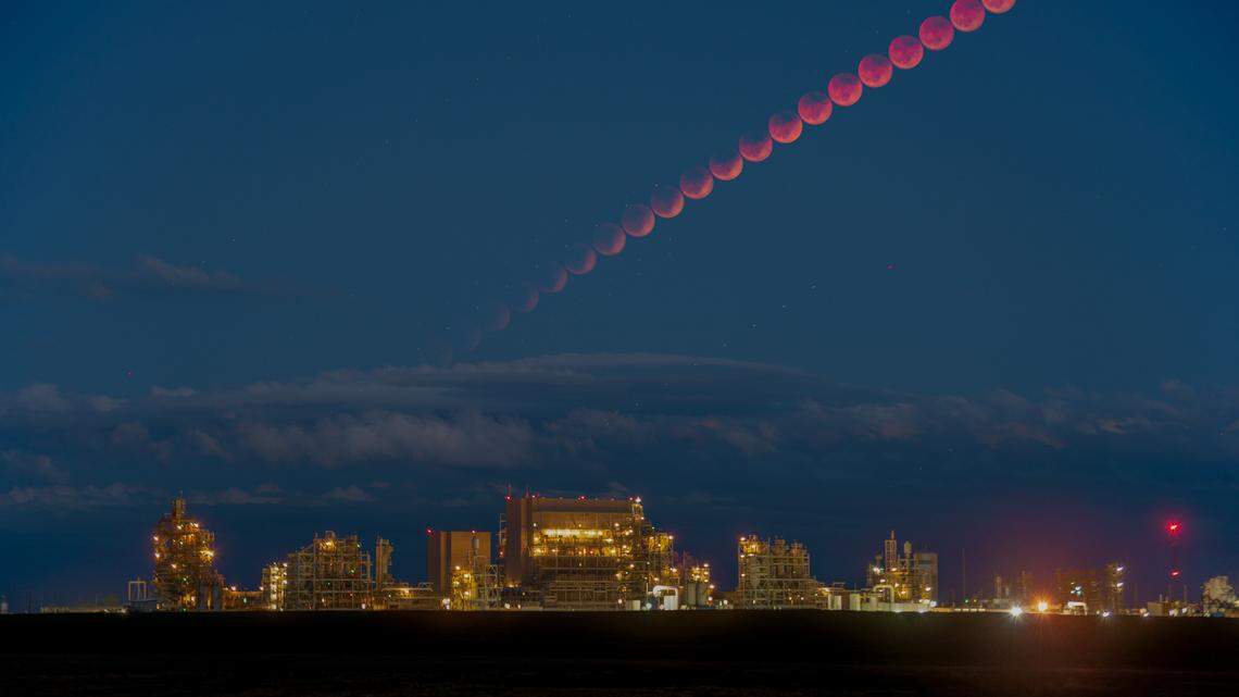 Kevin Roylance of Moses Lake shared his time-lapse photo from the 2022 “Blood Moon” lunar eclipse over the REC Silicon plant in Moses Lake. The Moon entered the Earth’s shadow, darkening it and causing it to glow a reddish brown.