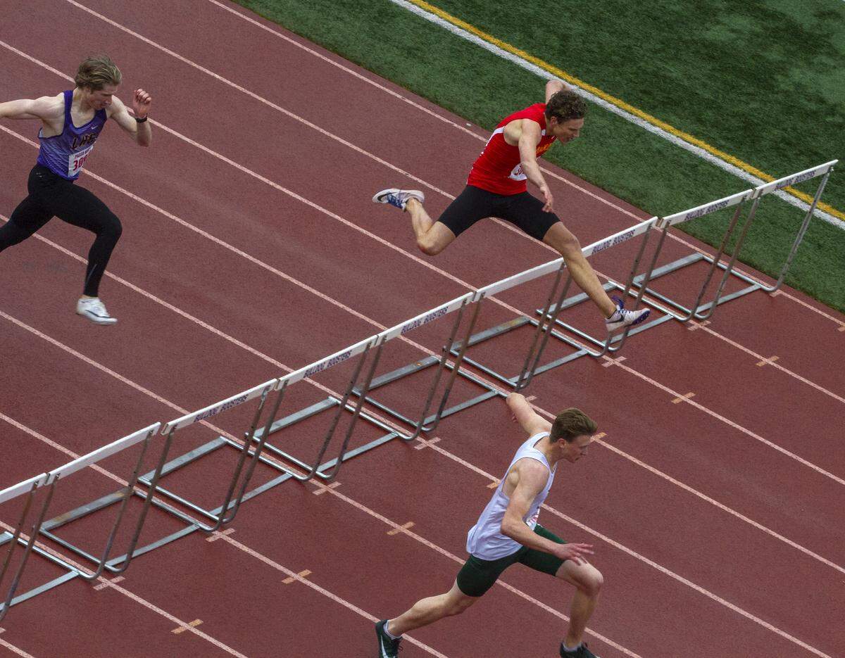Kamiakin’s Parker Morgan competed in the boys 110 meter hurdles during the 58th Pasco invite track and field meet at Edgar Brown Stadium. Morgan took thrid place in the boys 110 meter hurdles.