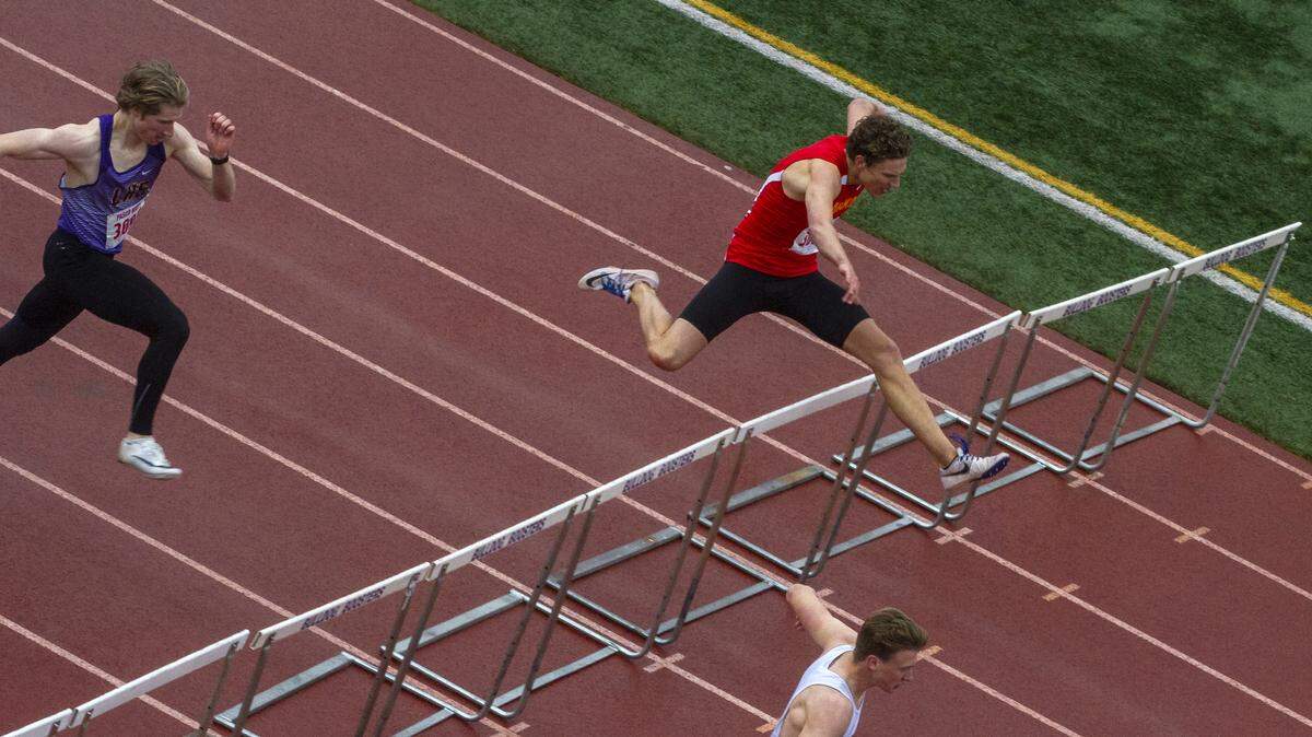 Kamiakin’s Parker Morgan, shown here in April, won both hurdles events and set a school record in the 300 hurdles.