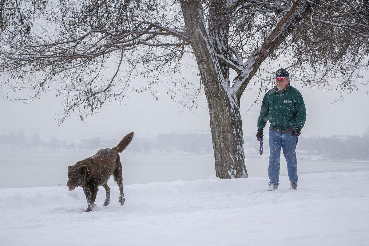 Tim Gardner and Bella, a Labrador mix, walk on a path through Howard Amon Park in Richland on Friday.