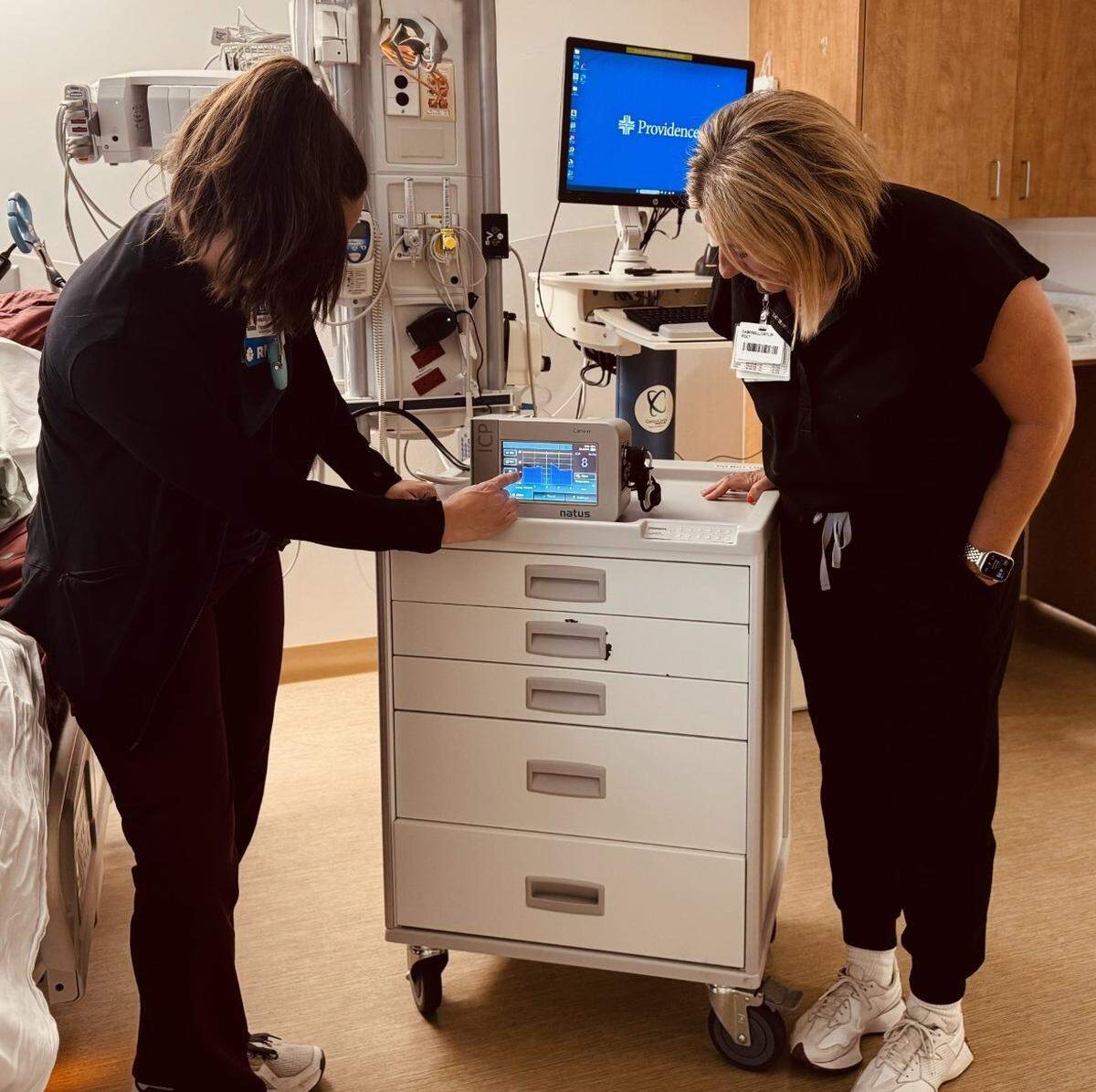 New technology at the Kadlec Regional Medical Center’s intensive care unit uses light waves to continuously measure brain pressure to allow quick action, if needed.