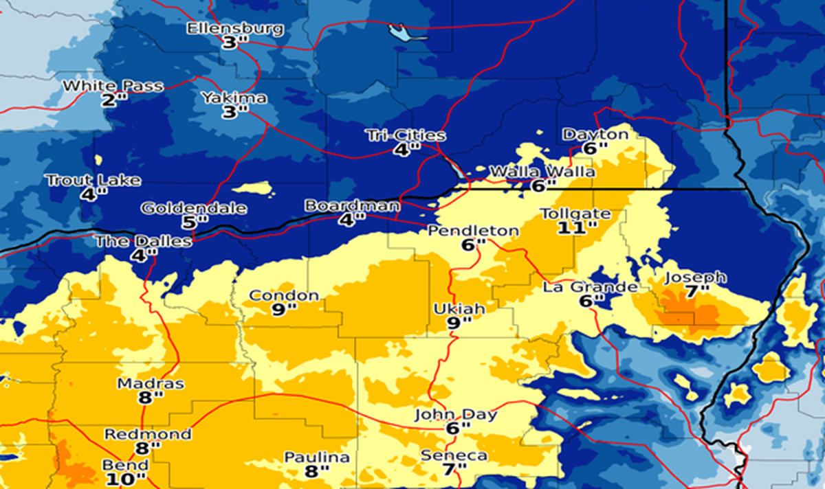 More heavy snow is forecast for the Mid-Columbia from Tuesday night through Thursday morning.