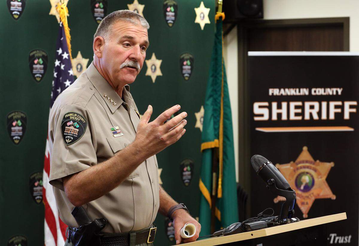 Franklin County Sheriff Jim Raymond holds a news conference Monday morning at the sheriff's office in Pasco.