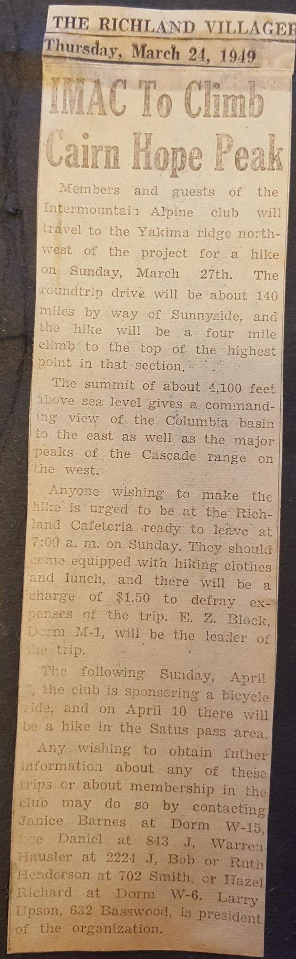 An article in the Richland Villager from March 1949 describing the IMAC hike to Cairn Hope Peak.