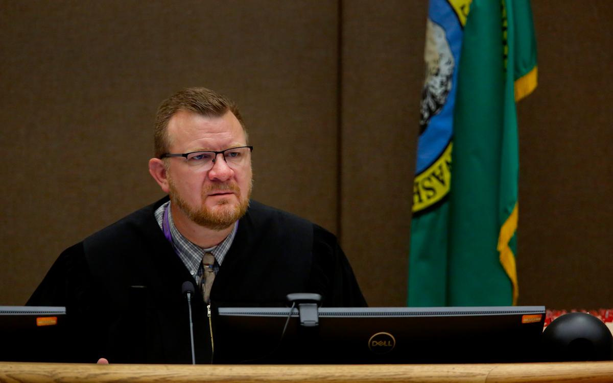 Superior Court Judge David Petersen on the bench in a Benton County courtroom.