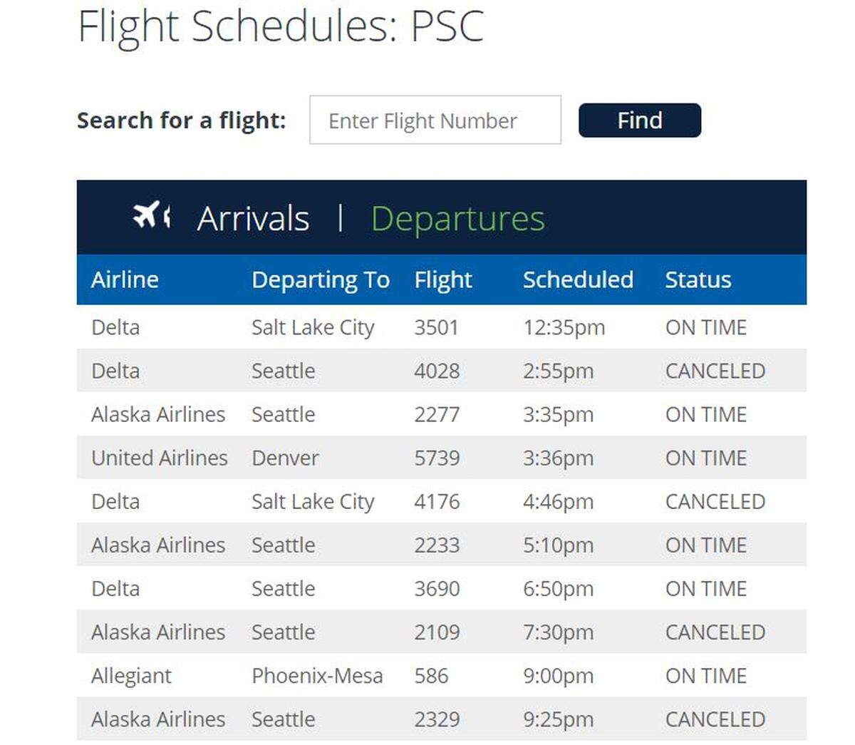 The Tri-Cities Airport’s website shows a number of cancellations Thursday for Delta and Alaska Airlines.