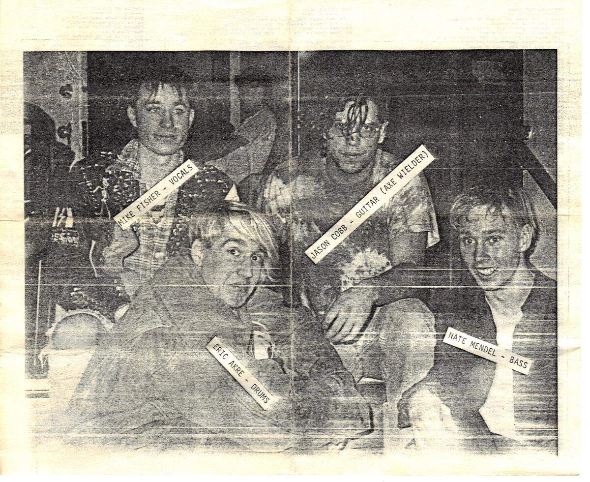 The members of Diddly Squat are shown here in this insert included in their 1987 demo “No Questions.” The band’s abrasive sound stems from the Washington D.C. hardcore scene, which bred many well-known acts including Minor Threat.