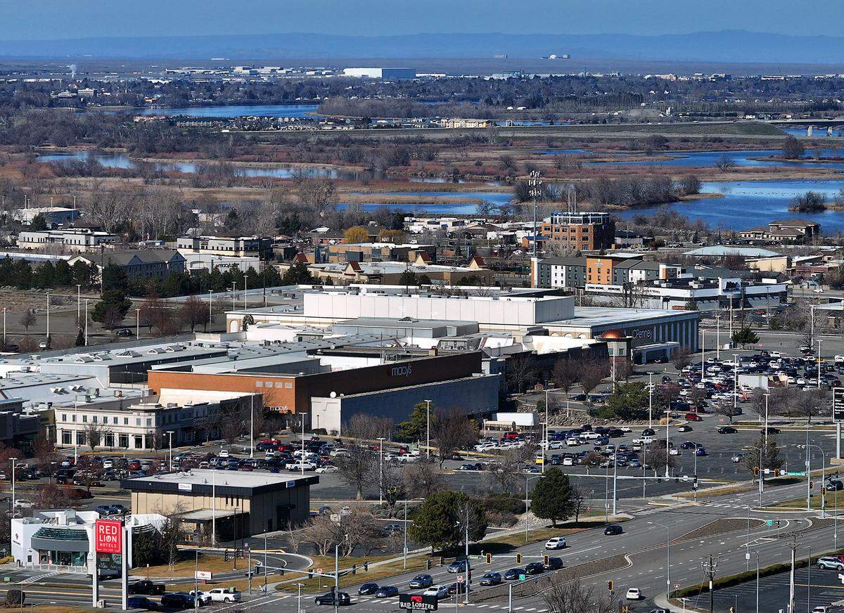 Columbia Center Mall with Yakima and Columbia Rivers, Richland and Hanford nuclear site in the background. Taken Feb. 26, 2025.