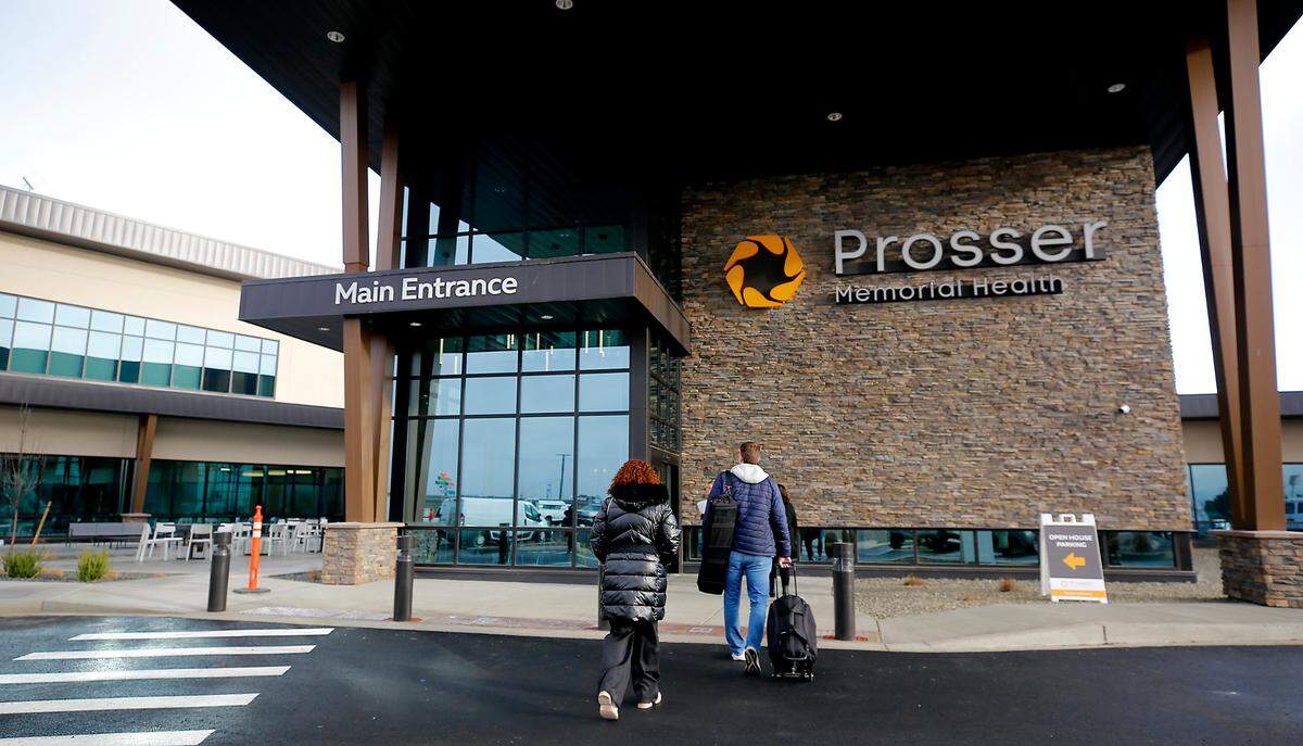 Covered main entrance to Prosser Memorial Health hospital at 200 Prosser Health Drive in Prosser.