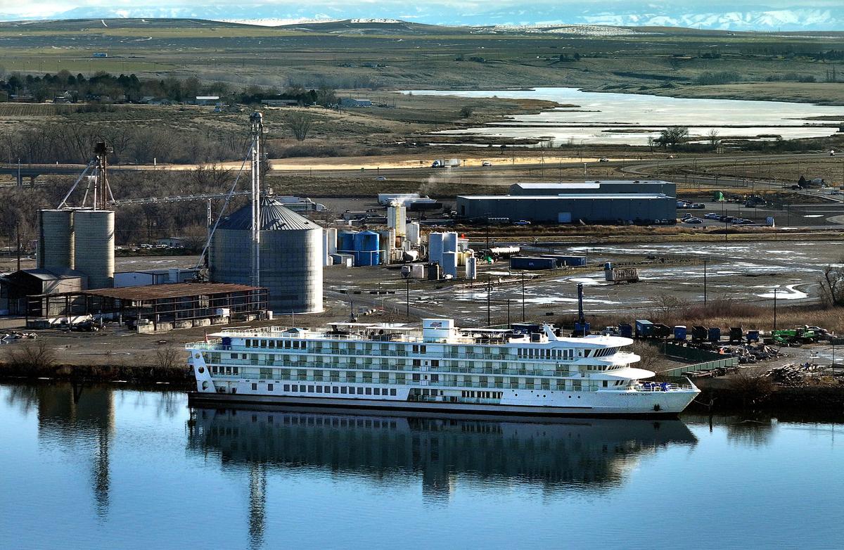 The American Song, part of the American Cruise Lines river cruise fleet, is docked on the Snake River at the Port of Walla Walla high dock facility in Burbank.