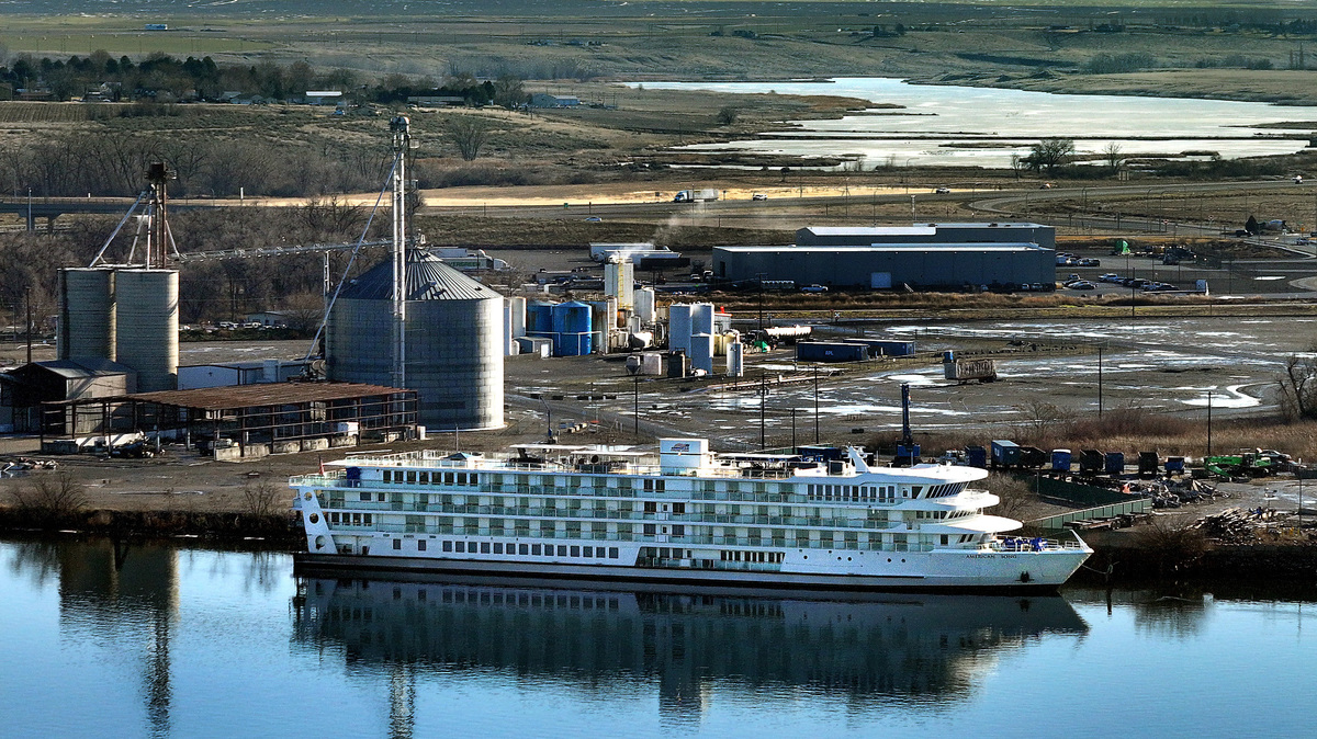 The American Song, part of the American Cruise Lines river cruise fleet, is docked on the Snake River at the Port of Walla Walla high dock facility in Burbank.