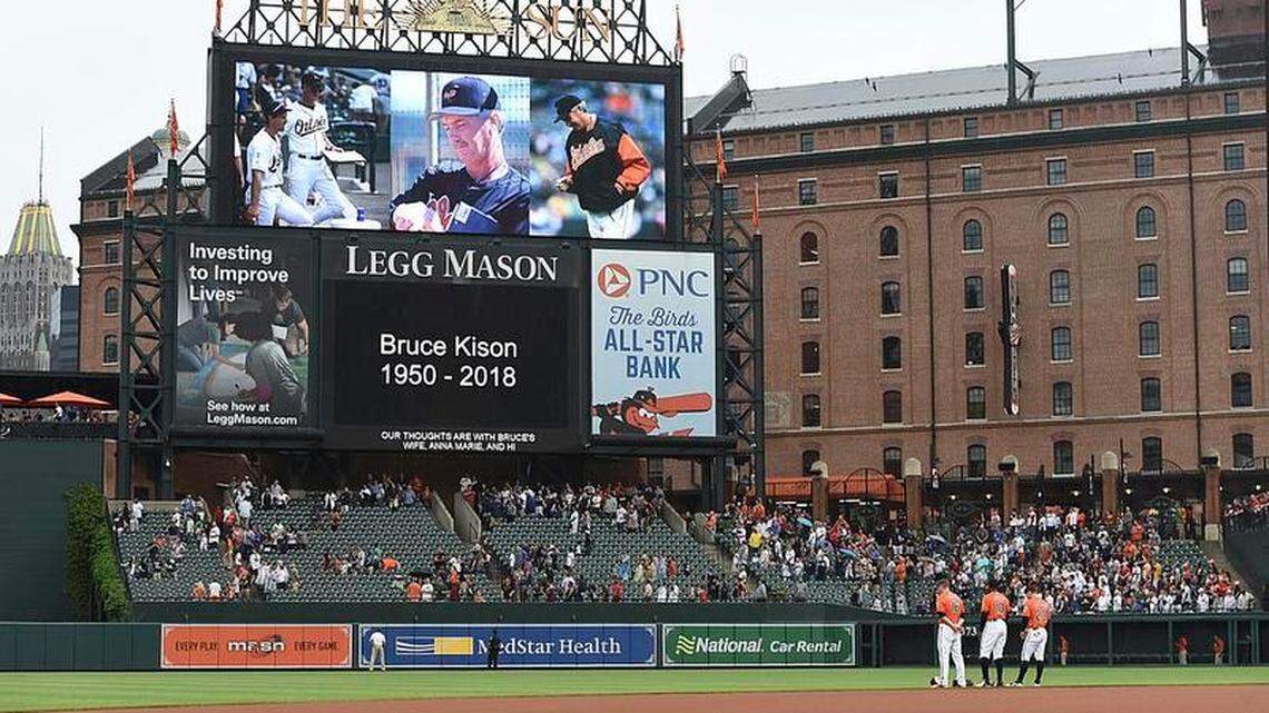 Players pause to remember Bruce Kison in a moment of silence before the Baltimore Orioles and New York Yankees baseball game, June 2, in Baltimore.