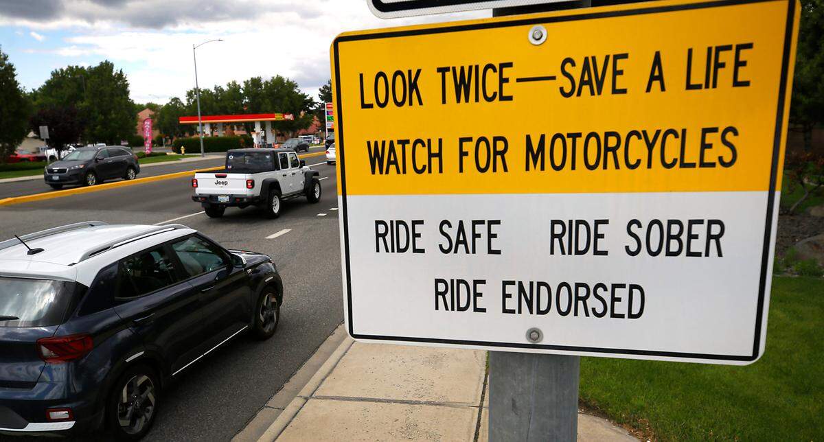 A sign promoting motorcycle safety and awareness is posted on Columbia Center Boulevard in Kennewick.