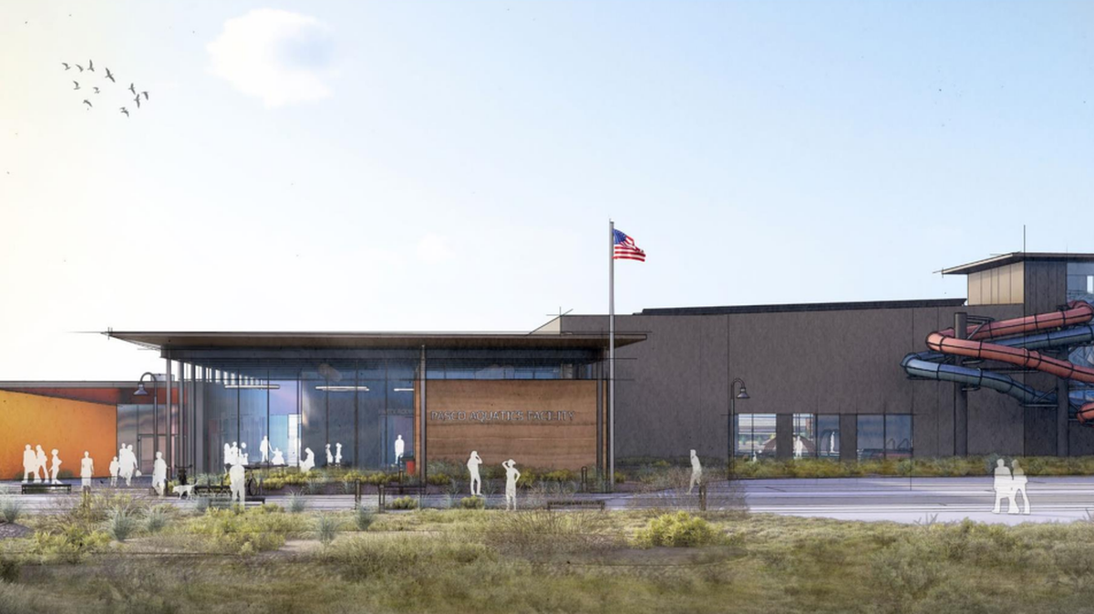 An exterior rendering of the future Pasco Aquatic Center from NAC Architecture.