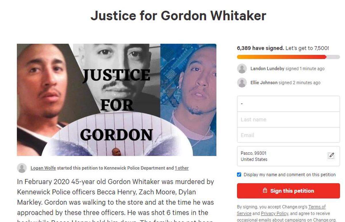 A Change.org petition is calling for the “immediate and permanent” firing of three Kennewick police officers for the Feb. 9 fatal shooting of Gordon Whitaker. The petition also asks the county prosecutor to press appropriate charges against the officers.