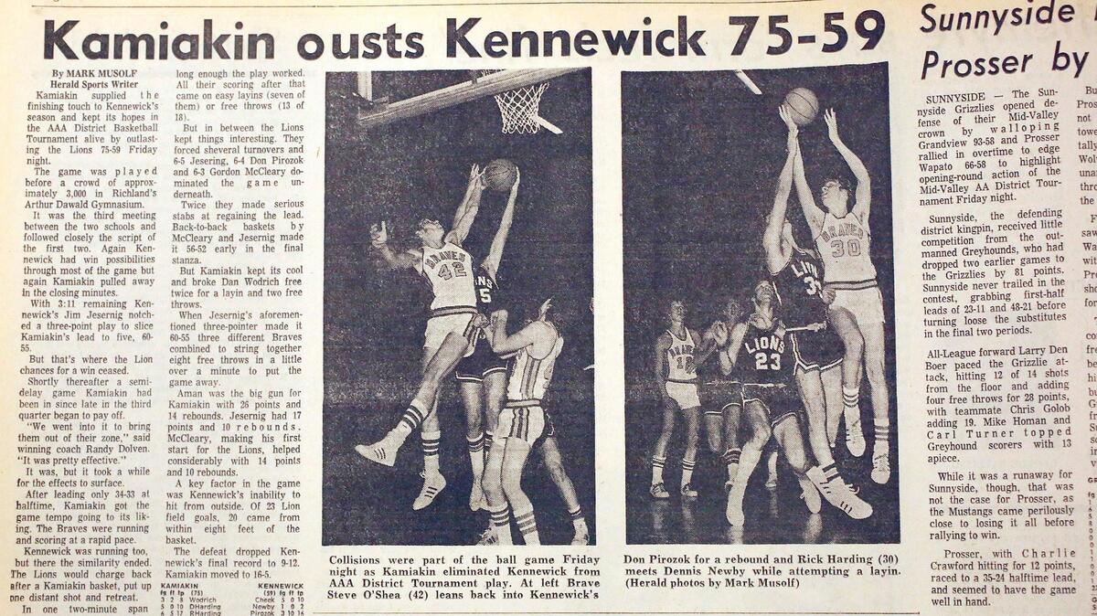 Sports story and photos from the March 2, 1975 edition of the Tri-City Herald.