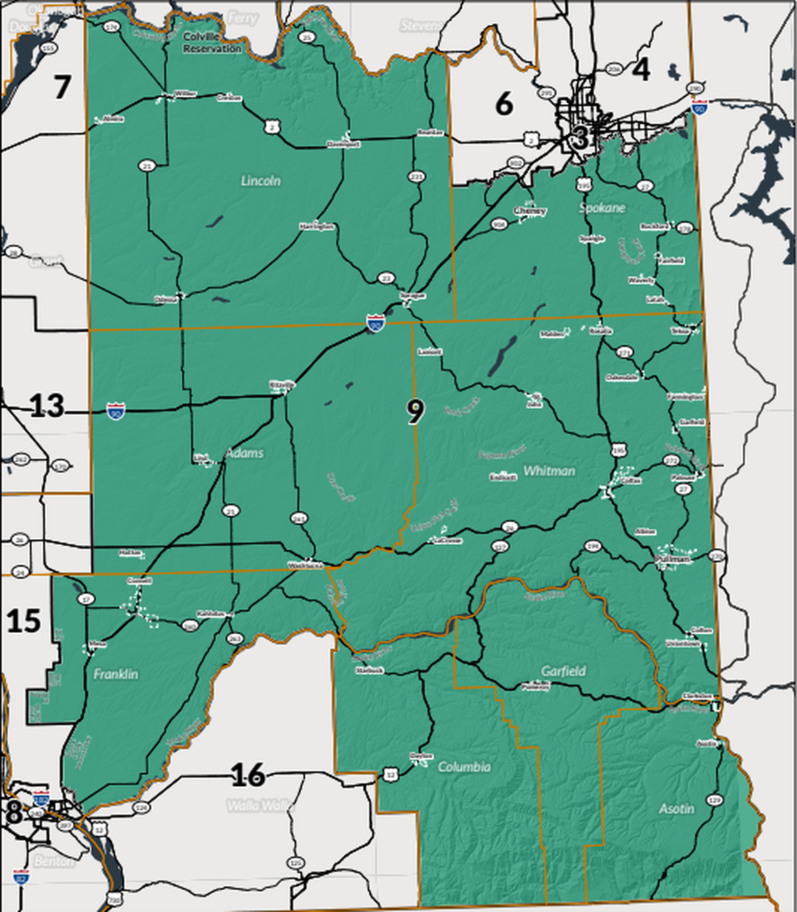 The Washington Legislative District 9 map, approved April 2022.
