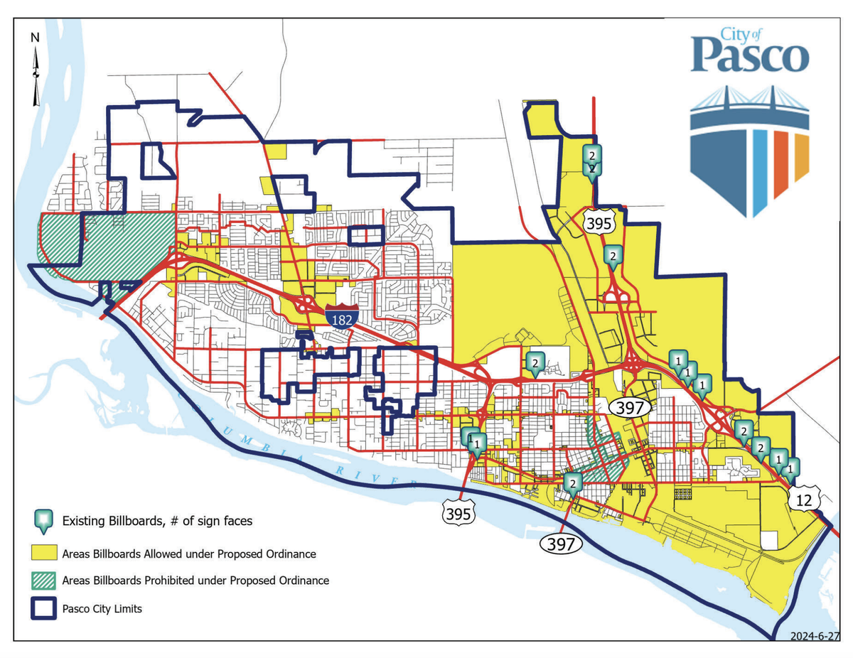 A map shows existing billboards and areas where would be allowed and prohibited in Pasco, under the proposed change.